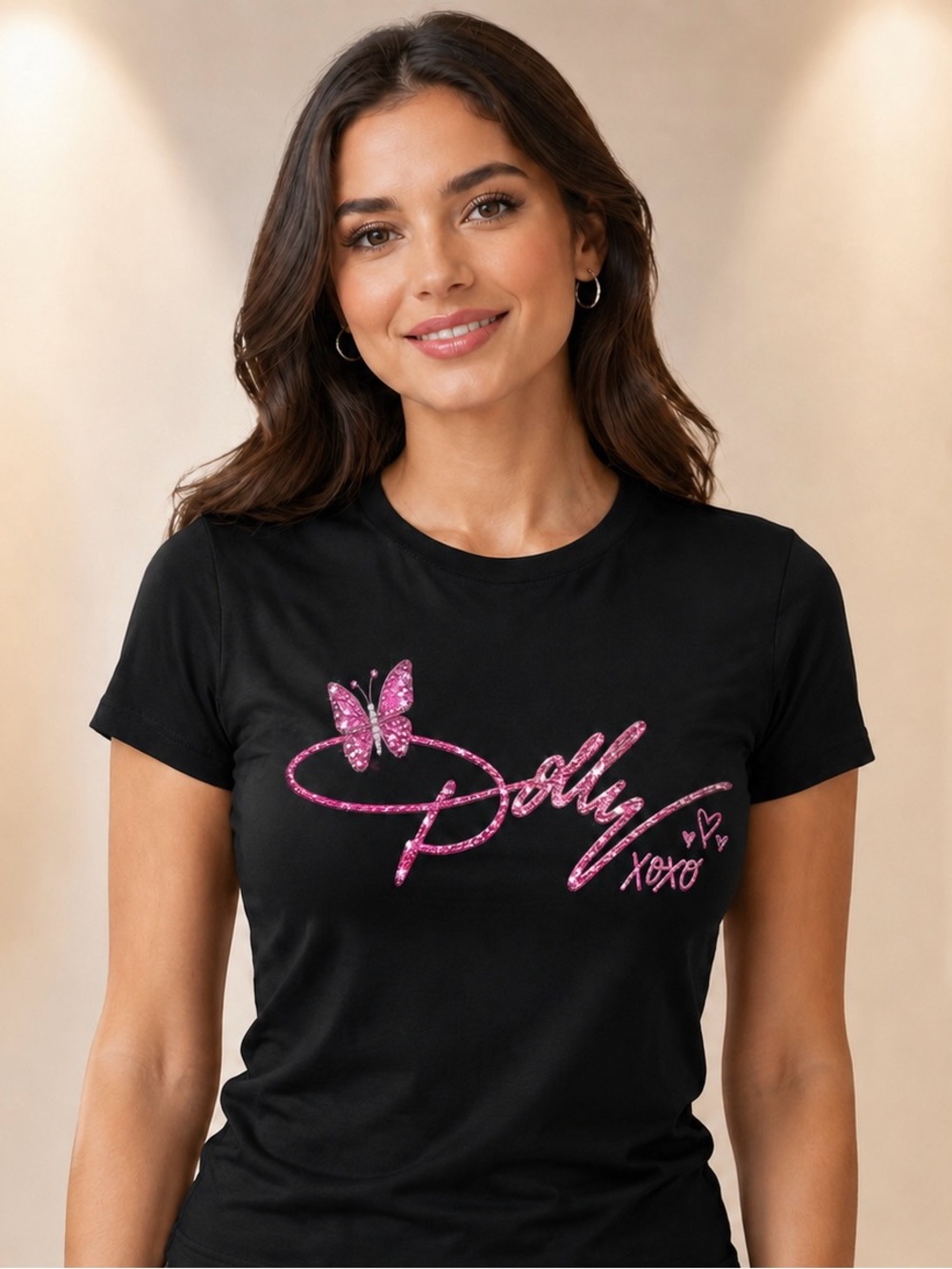 Dolly Graphic Tee - Black with Pink Glitter Script